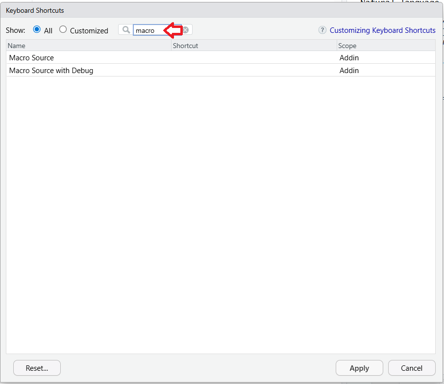 Search for Macro menu items