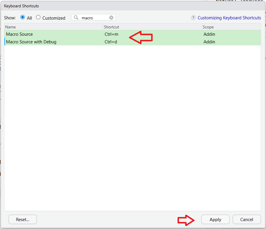 Add the keyboard shortcuts