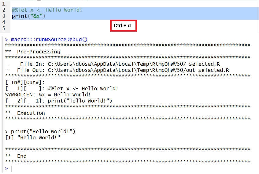 Run Macro Hello World! with debug
